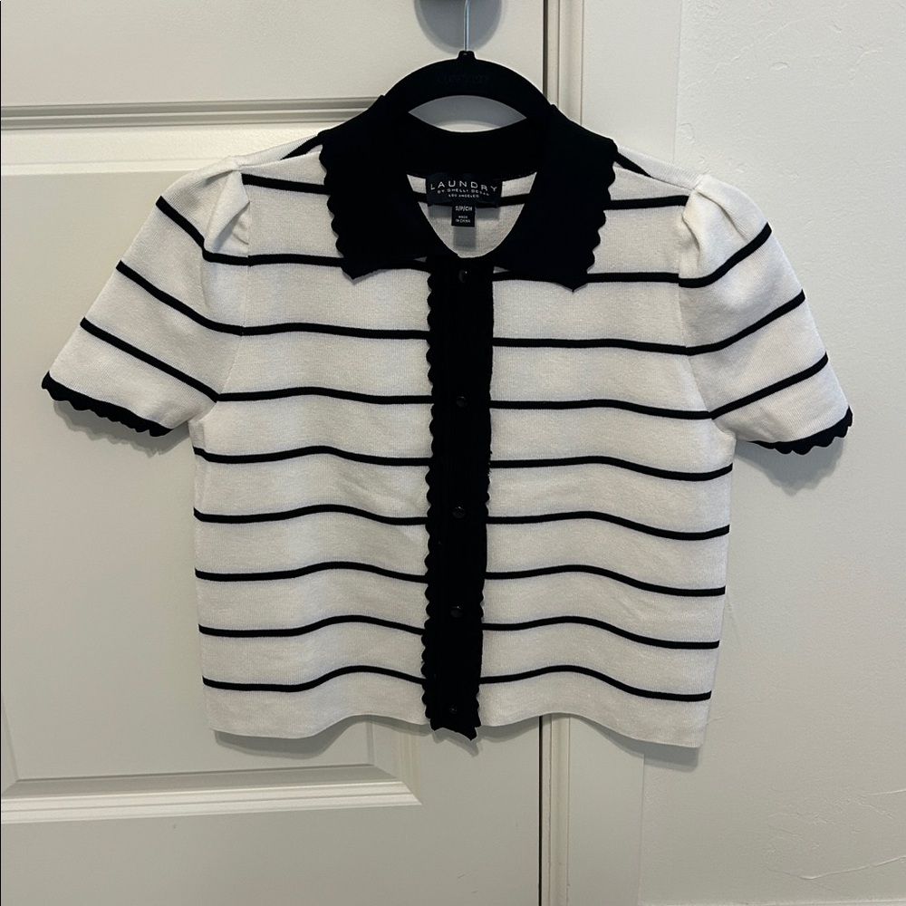 Laundry by Shelli Segal Cardigan striped scallop scalloped puff sleeve